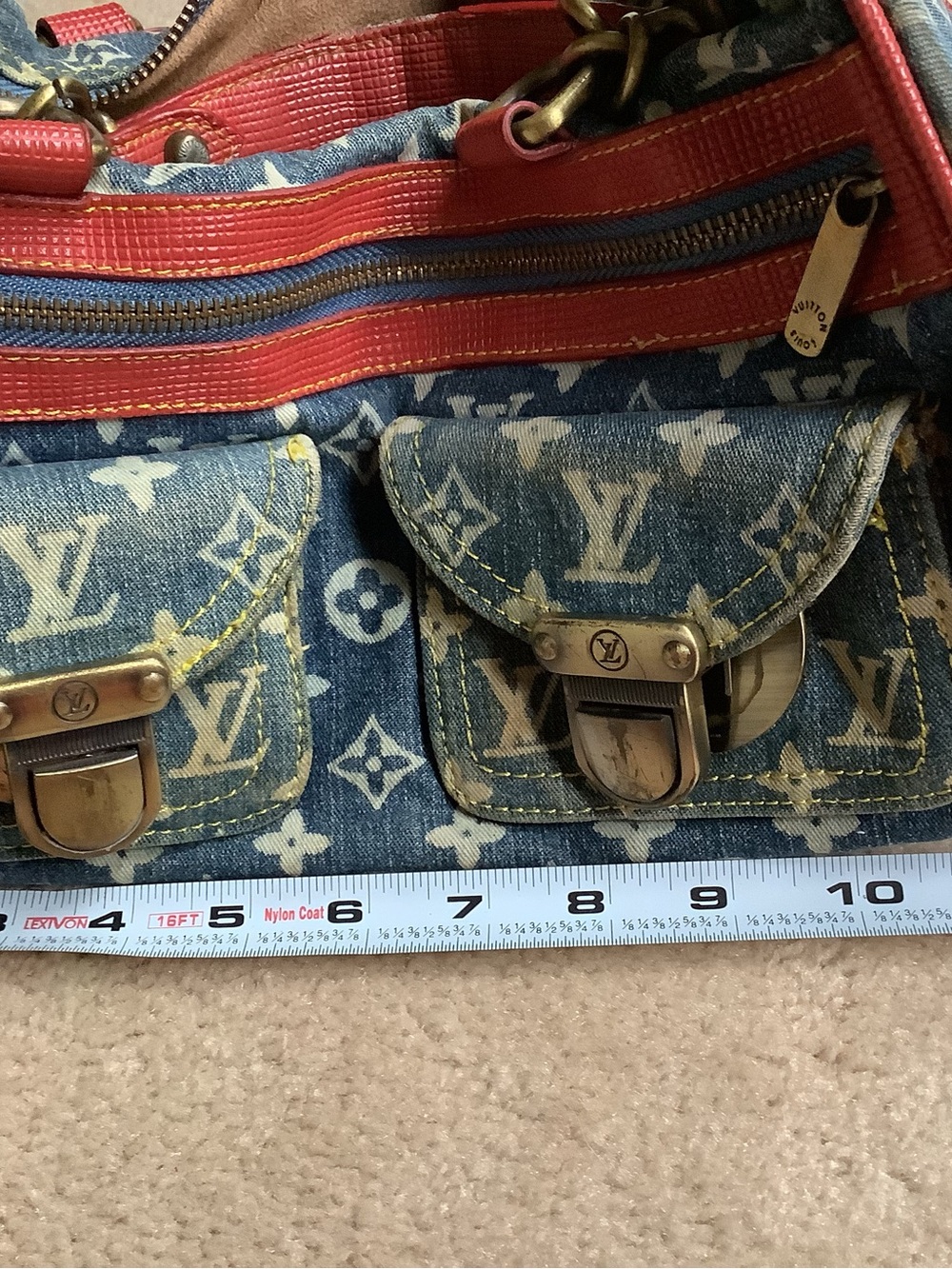 Denim and white, handbag. Red trim.  Signs of use. - Picture 8 of 16